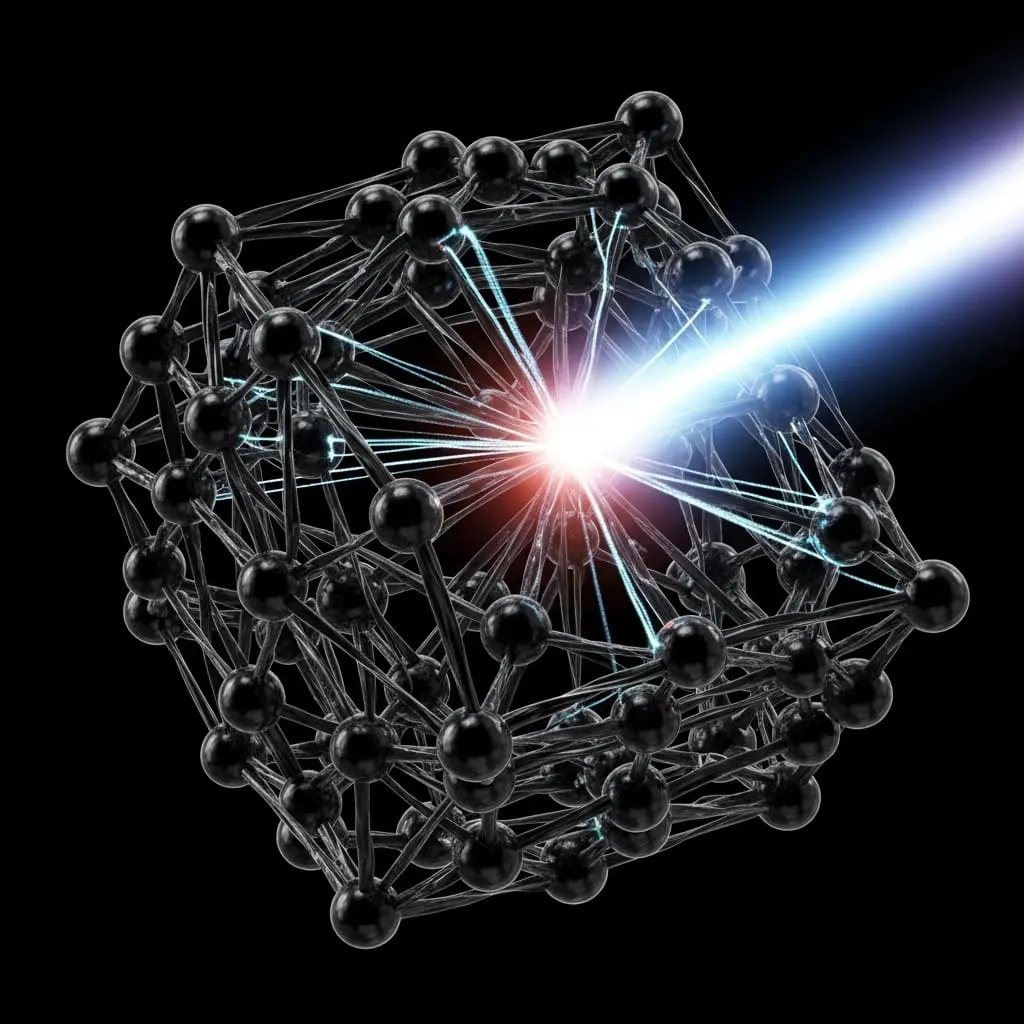 Bright white beam striking a complex dark lattice structure, creating a glowing red focal point at the impact site against a black background.