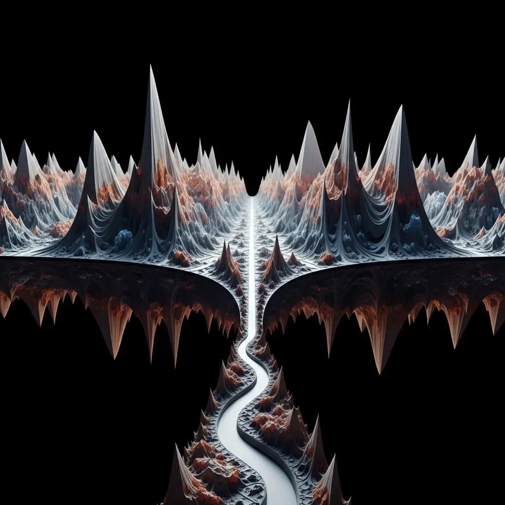 Abstract mirrored waveform landscape in metallic tones, forming jagged peaks and valleys above and below a central horizontal axis.