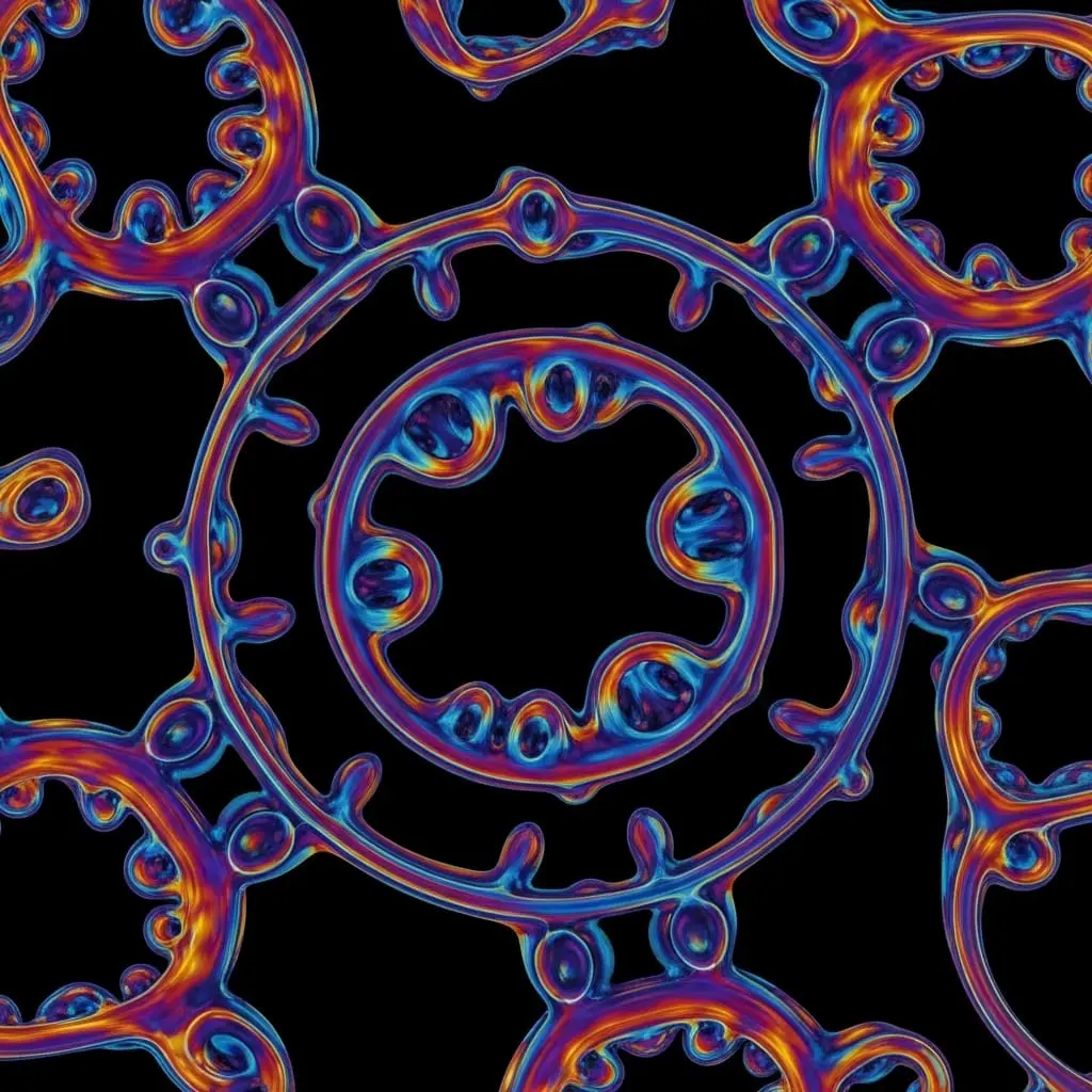 Repeating circular molecular patterns in red and blue, forming a symmetrical lattice of interconnected ring structures on a dark background.