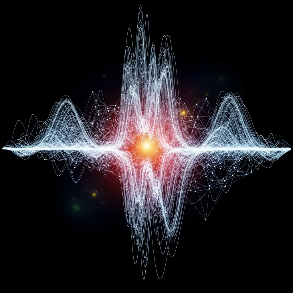 White symmetrical waveform centered around a glowing red-orange core, with energy-like ripples extending horizontally on a black background.