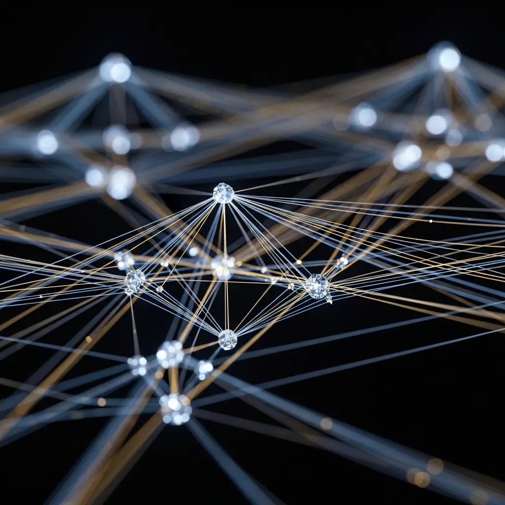 Close-up of interconnected white nodes linked by thin lines, forming a glowing digital network pattern on a dark background.