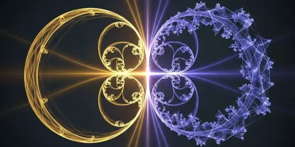 Abstract illustration of a symmetrical magnetic or gravitational field visualization with golden-orange field lines on the left and blue field lines on the right, both curving outward and looping back in a classic dipole pattern against a dark background