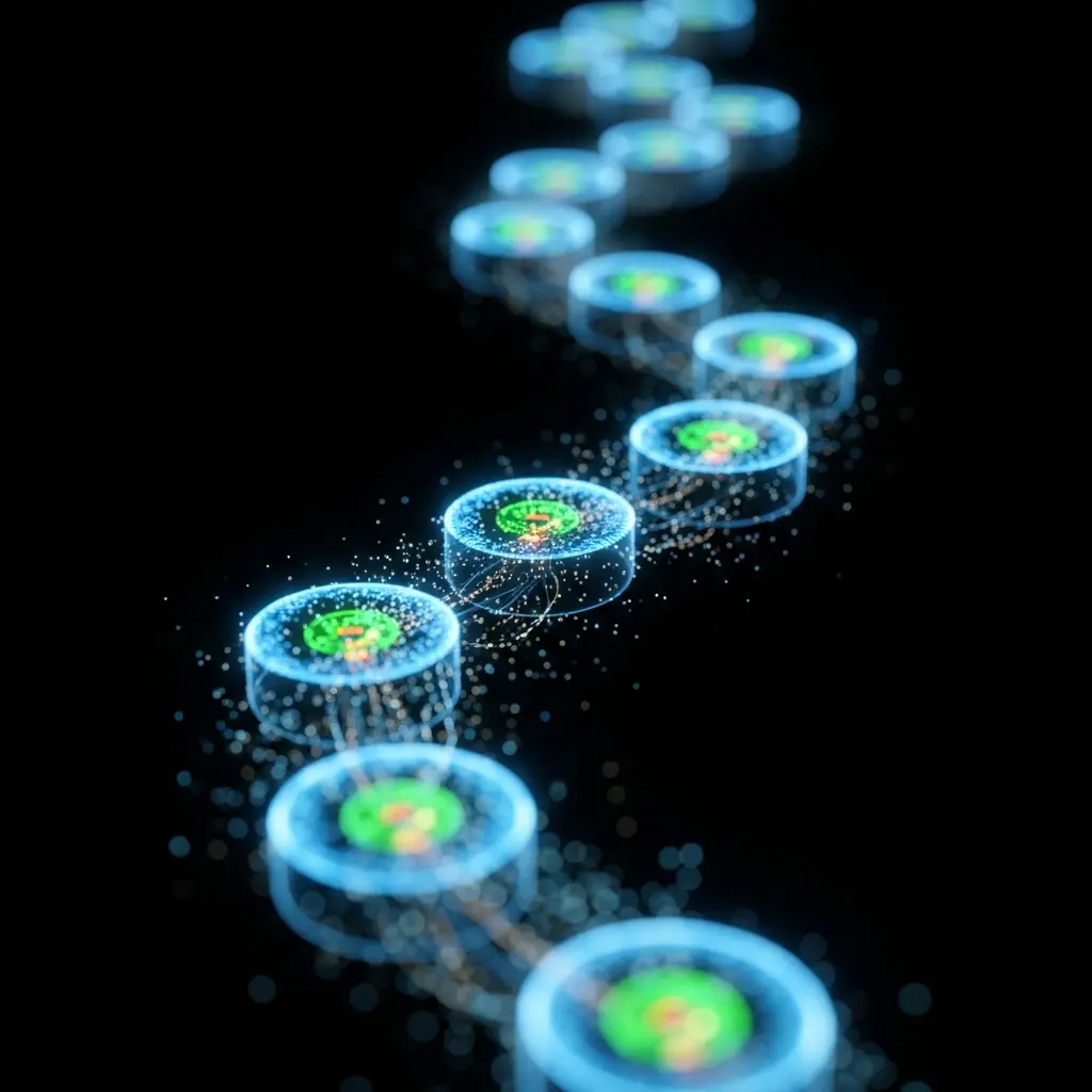 Trail of glowing blue and green circular energy orbs receding into the distance on a dark background