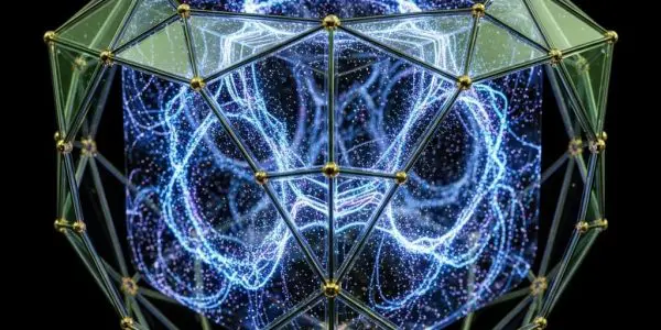 Complex geometric polyhedron outlined in glowing lines, with intertwined blue energy loops inside, floating against a black background.