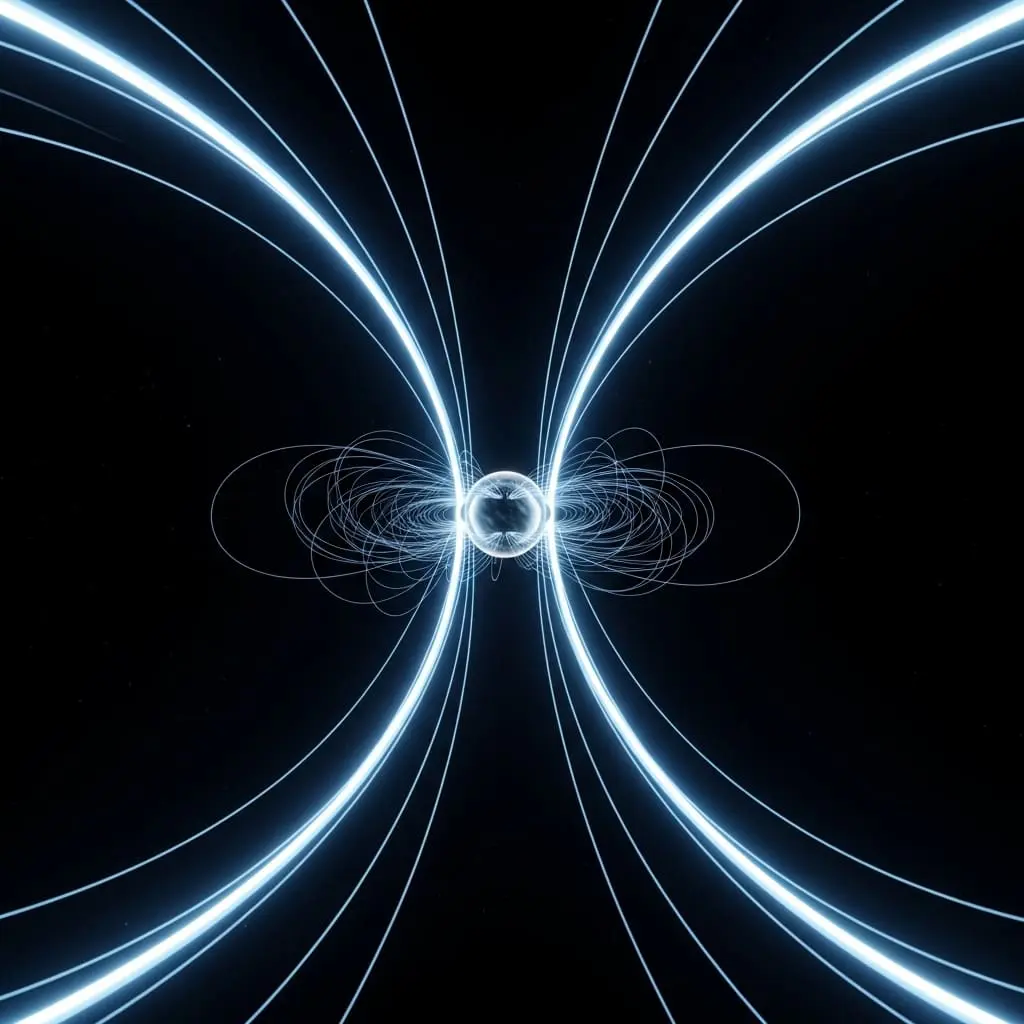 Glowing central particle surrounded by symmetric curved field lines, illustrating magnetic field structure and charged particle motion in plasma physics.