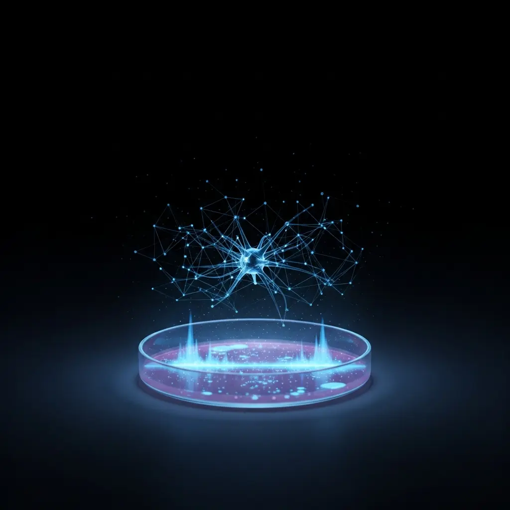 Glowing blue quantum network with interconnected nodes hovering above a luminous petri dish, symbolizing entanglement, superposition, and advanced nanotechnology research.