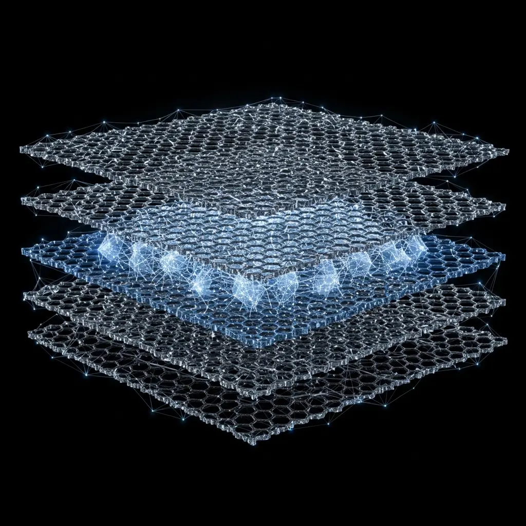 Abstract illustration of multiple transparent wireframe grid planes stacked horizontally, with a bright blue glowing energy explosion or data burst emanating from the central layer against a dark background