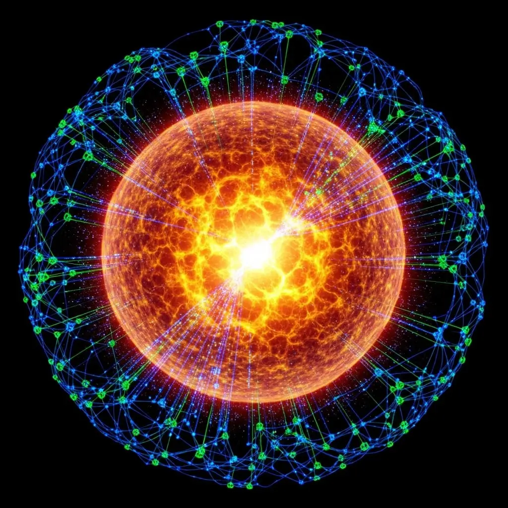 Glowing orange core surrounded by a blue circular lattice, resembling a stylized atomic nucleus or fusion reaction contained within a field