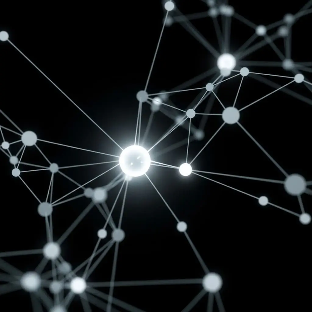 Abstract network of glowing interconnected nodes and lines on a dark background, representing neural networks, quantum entanglement, or complex data systems.