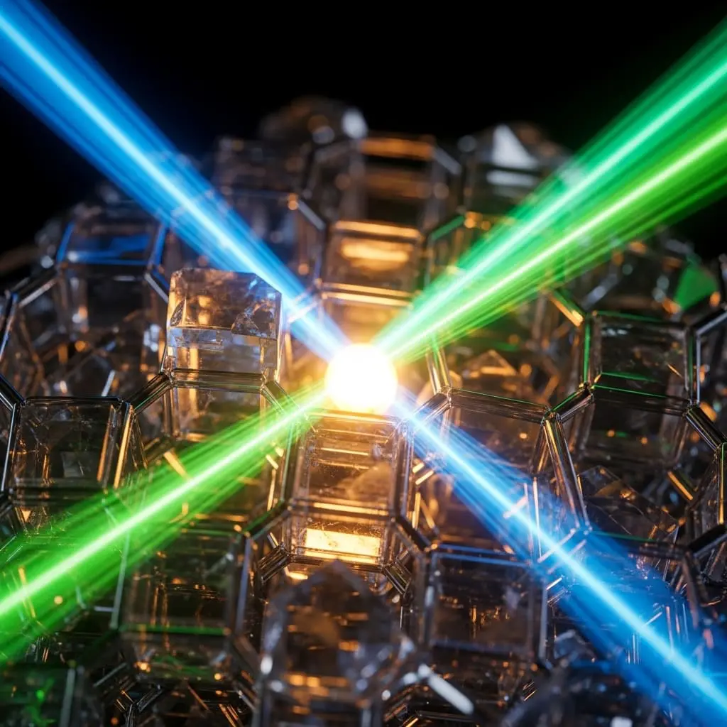 Crossing blue and green laser beams intersect at a bright focal point inside a complex metallic apparatus, suggesting a high-energy physics experiment.