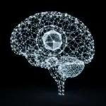 Glowing network of interconnected nodes forming a human brain shape with a luminous geometric core, symbolizing neural networks and quantum-inspired intelligence.