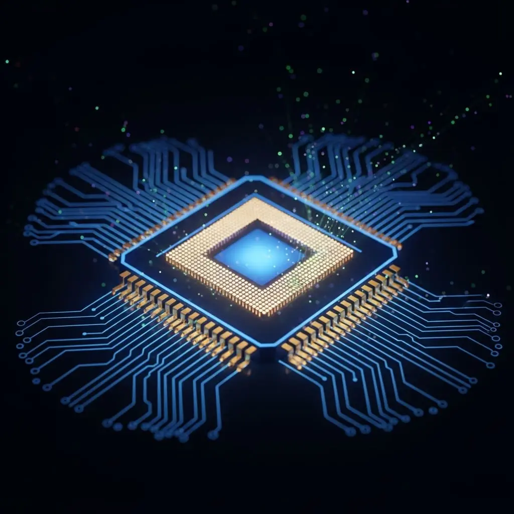 Abstract illustration of a square microprocessor or CPU chip viewed from above at an angle, with a bright glowing blue core, radiating circuit trace lines extending outward, and a metallic silver chip body against a dark background