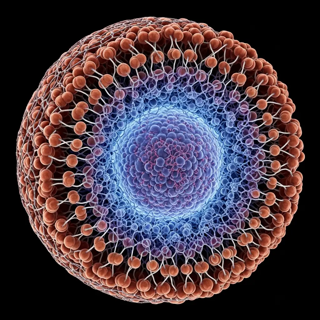 Radial fractal pattern with a blue center and concentric orange geometric layers forming a symmetrical, mandala-like structure on a dark background