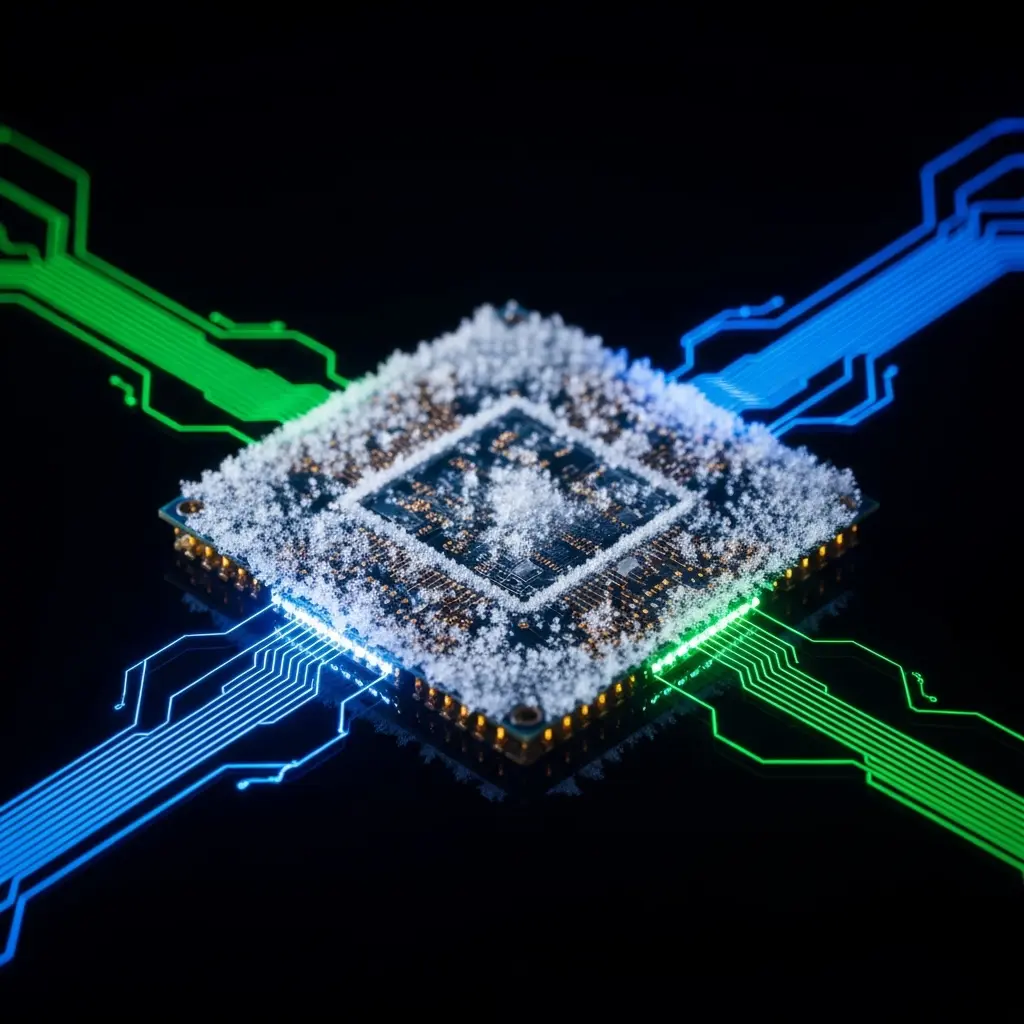 Frost-covered microprocessor chip connected to glowing green and blue circuit pathways, symbolizing cryogenic quantum computing and superconducting technology.