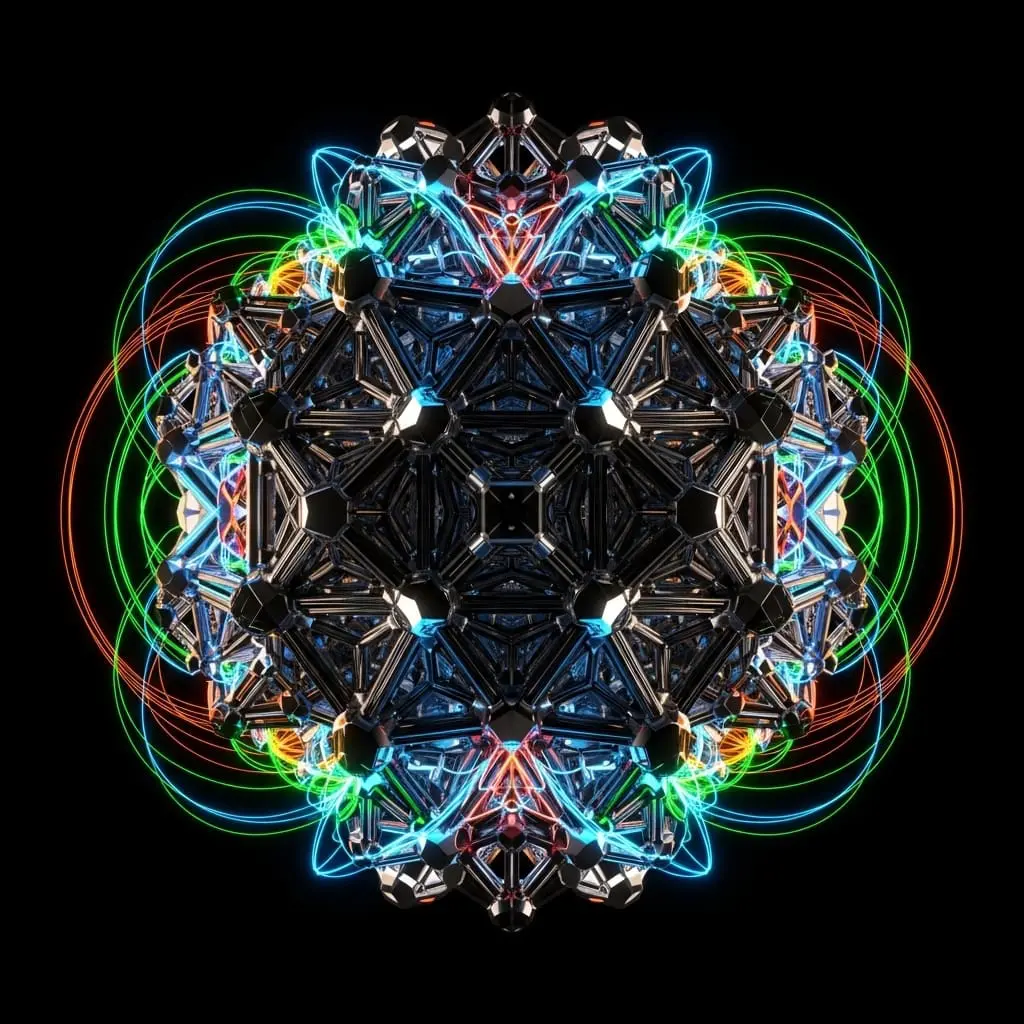 Complex geometric lattice with interconnected metallic nodes and colorful energy loops, representing a multidimensional quantum network or advanced nanostructure.
