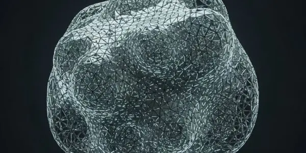 Abstract illustration of an irregular lumpy sphere or asteroid-like shape rendered as a green wireframe mesh with a subtle glow, showing an uneven bumpy surface texture against a dark background