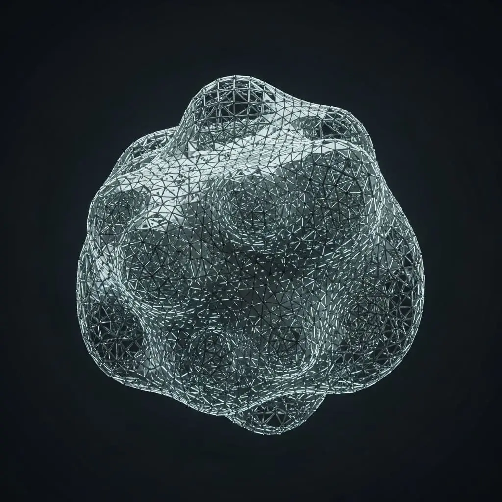 Abstract illustration of an irregular lumpy sphere or asteroid-like shape rendered as a green wireframe mesh with a subtle glow, showing an uneven bumpy surface texture against a dark background