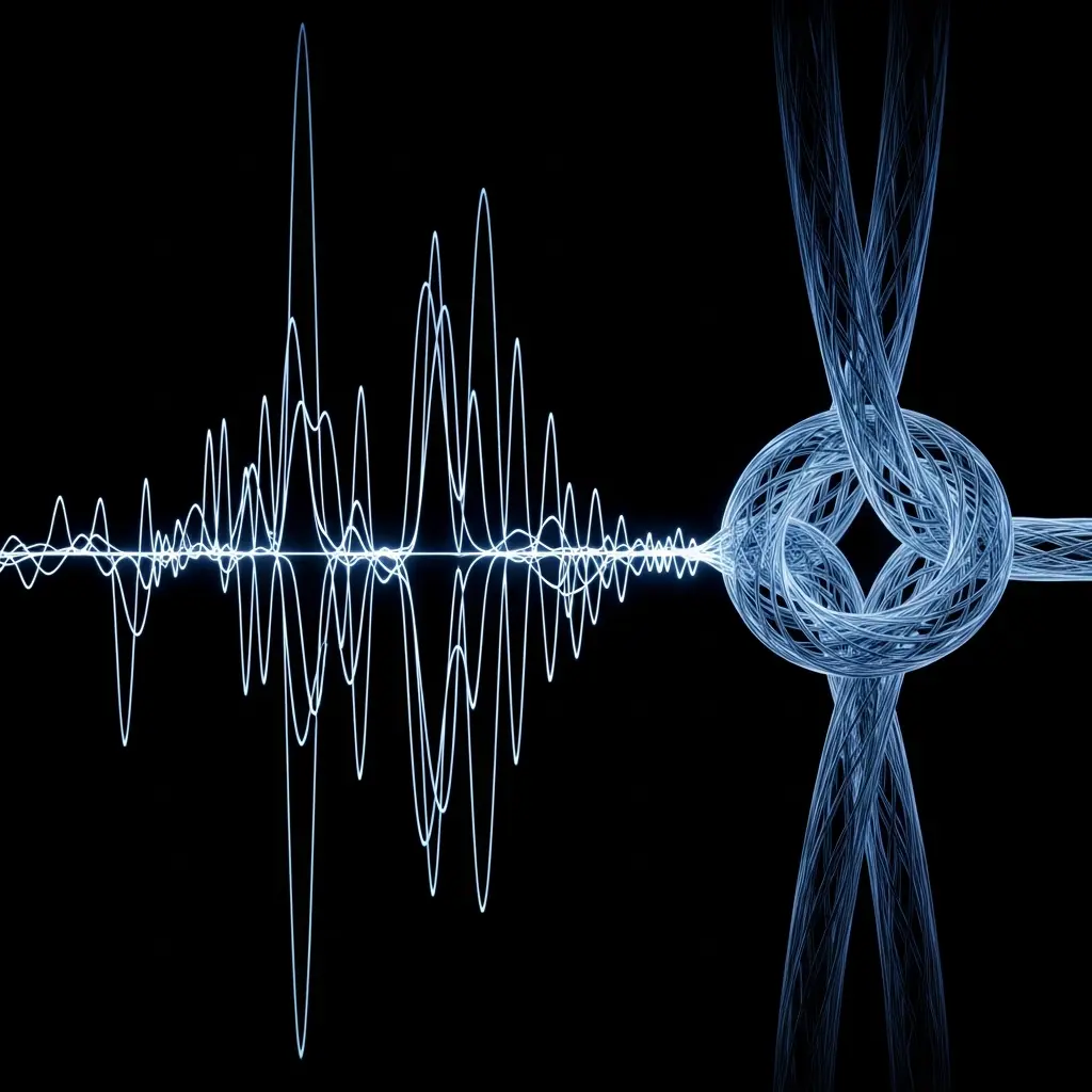 White waveform signal on the left connected to a circular mechanical node on the right, with blue radiating lines against a black background.