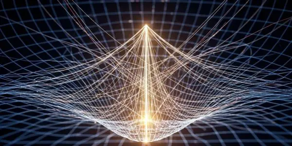 Curved spacetime grid warped around a bright central point, visualizing gravitational fields and general relativity in theoretical physics.