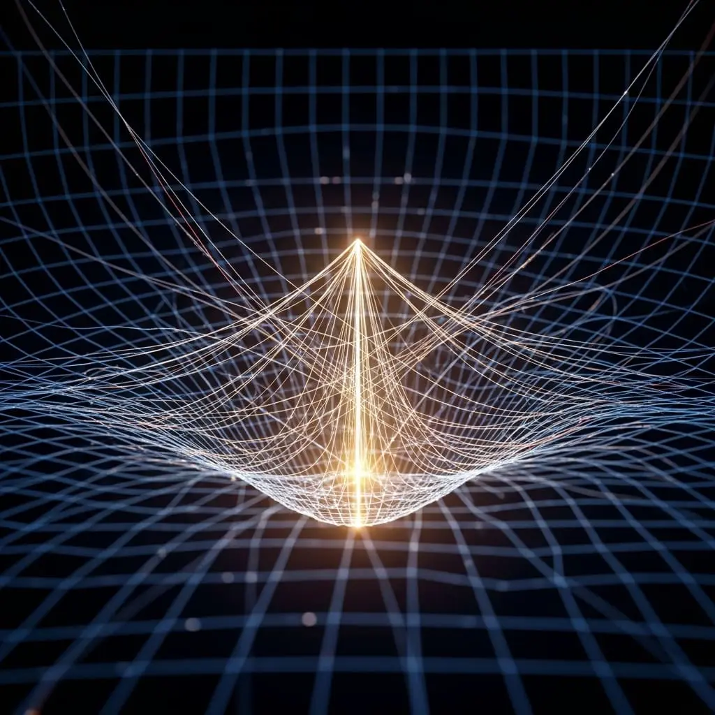 Curved spacetime grid warped around a bright central point, visualizing gravitational fields and general relativity in theoretical physics.