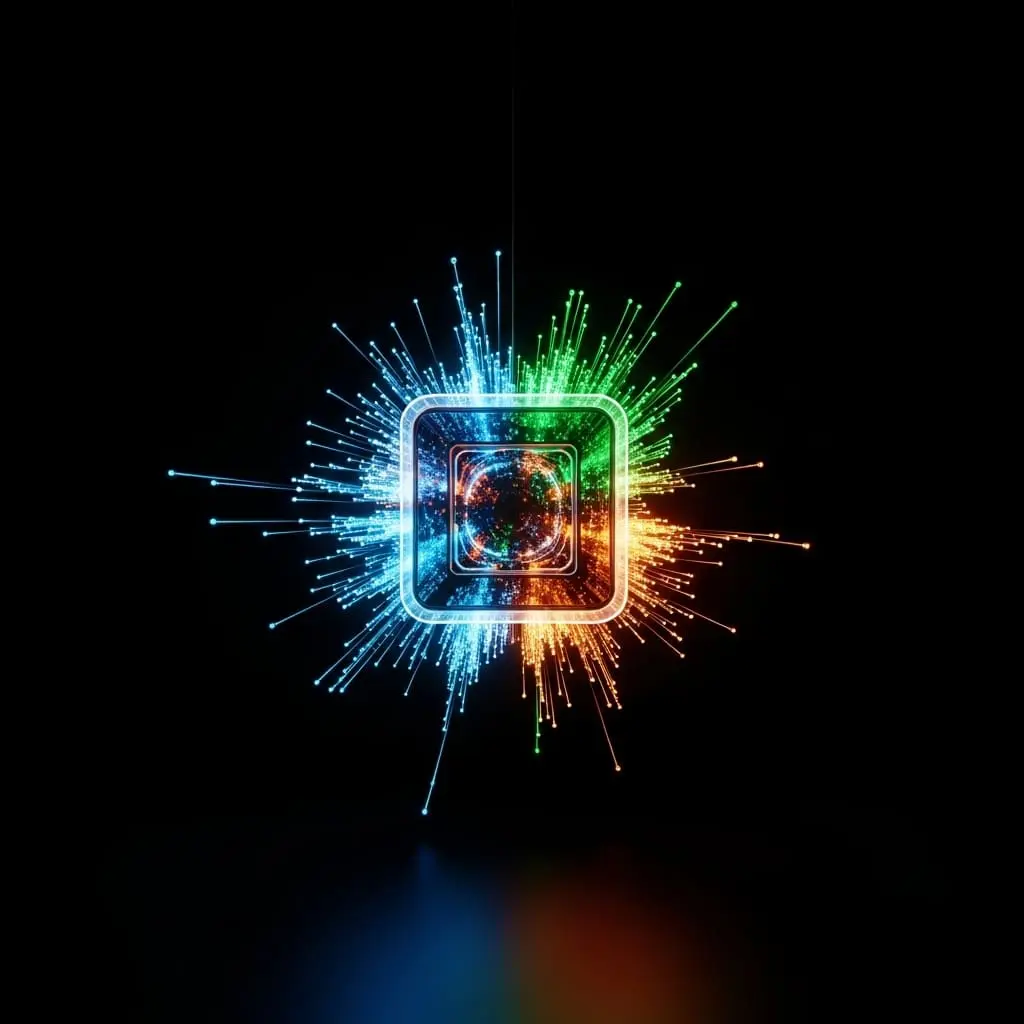 Abstract illustration of a three-dimensional cube or box shape radiating intense multicolored light — green, blue, red, and orange — in all directions, creating a dramatic explosive burst effect against a dark background