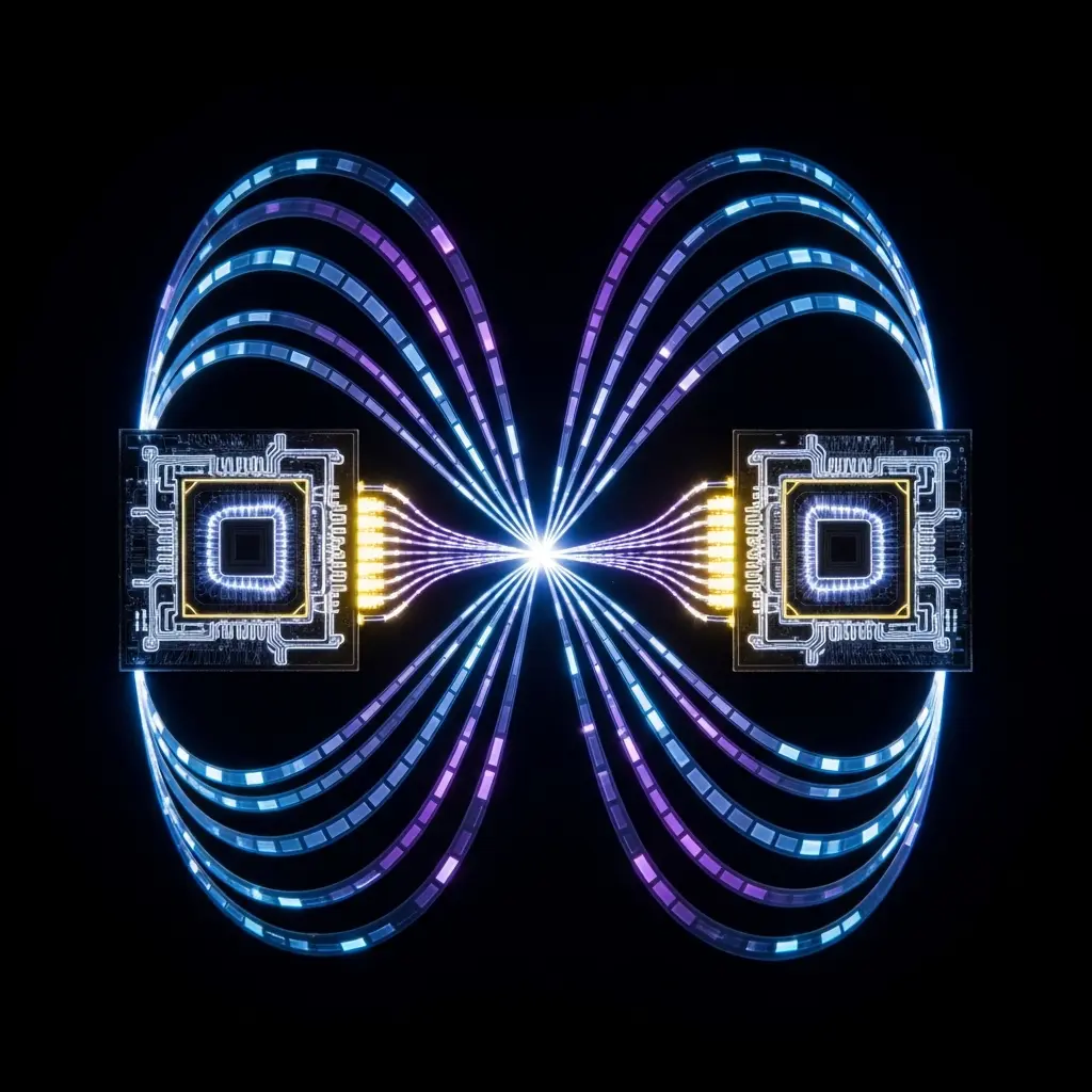 Two square microchip cores facing each other with glowing blue and purple magnetic field loops forming a symmetrical figure-eight pattern between them