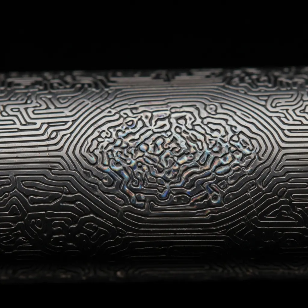 Close-up illustration of a cylindrical tube or rod with a dark rough textured surface, featuring a fine granular or woven pattern that gradually lightens toward the center highlight, resembling carbon fiber, graphite, or weathered metal