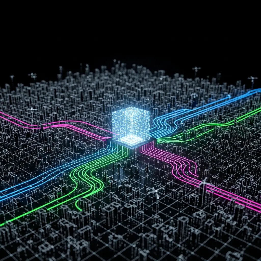 Abstract illustration of a luminous blue translucent cube or data block at the center of a perspective grid, with colorful streams of pink, green, and blue particles flowing toward and around it against a dark background