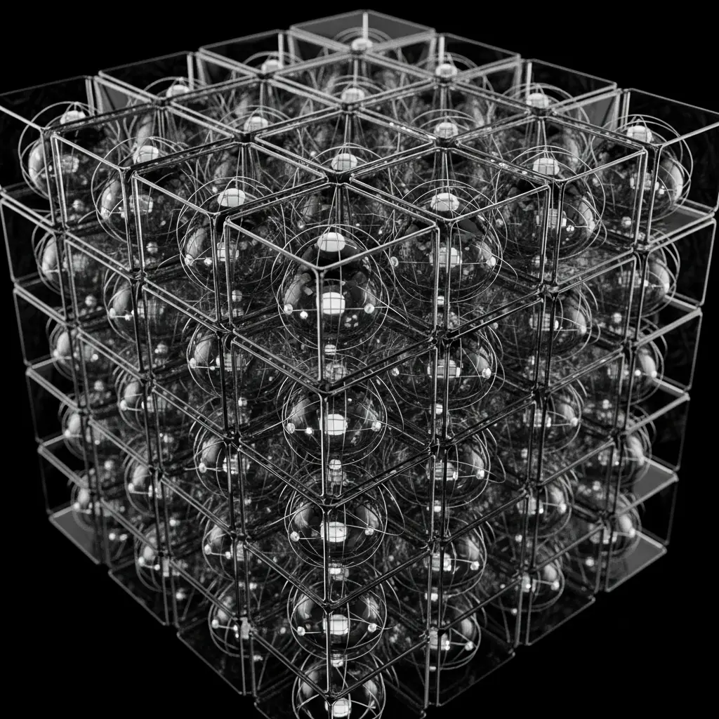 Three-dimensional cubic lattice made of interconnected metallic spheres and rods, forming a repeating geometric crystal structure on a dark background.