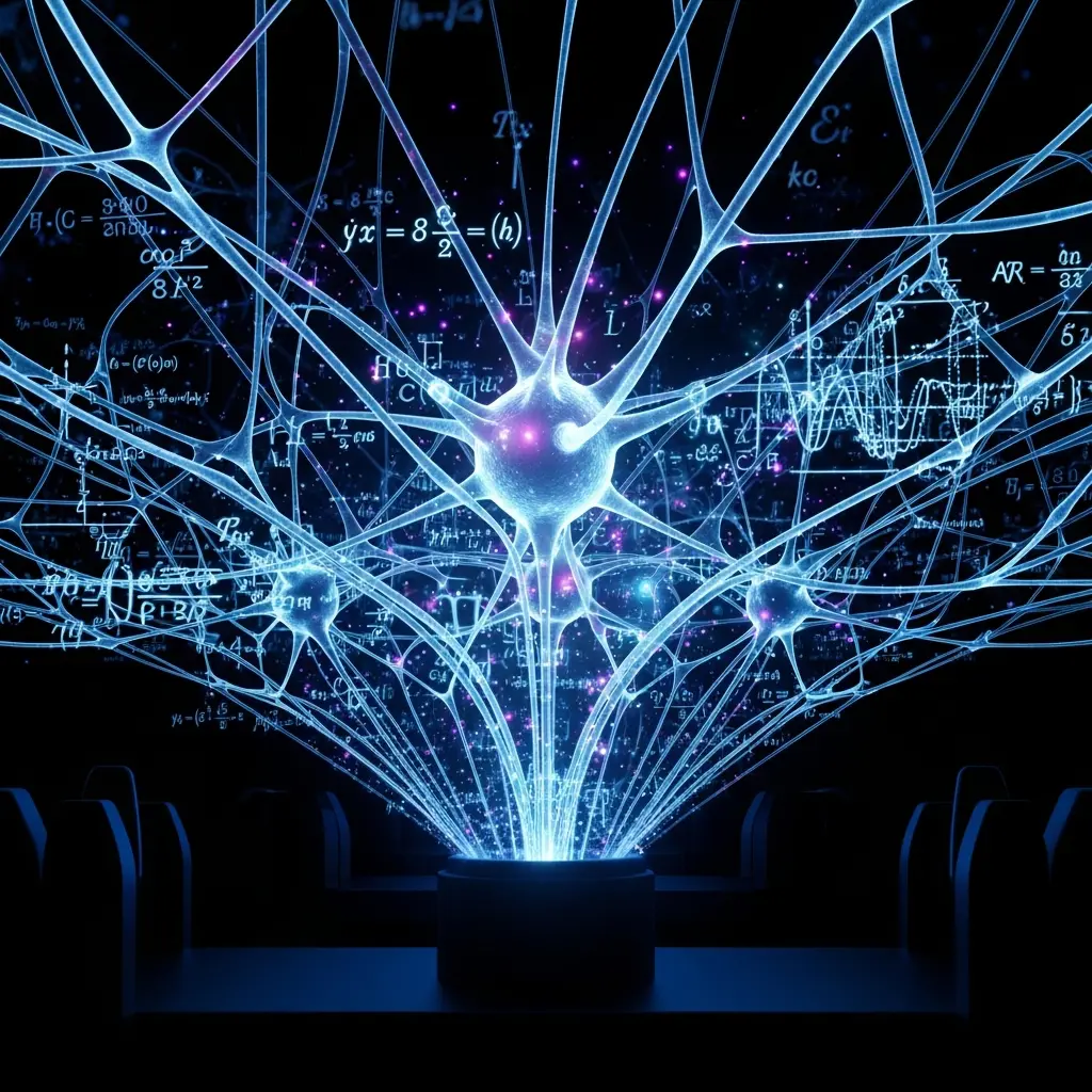 Glowing network of interconnected blue lines and nodes spreading outward from a bright central point, resembling a neural or quantum communication web.