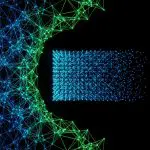 Digital network of interconnected nodes forming a curved structure transforming into a rectangular lattice, symbolizing data processing and quantum information transfer.