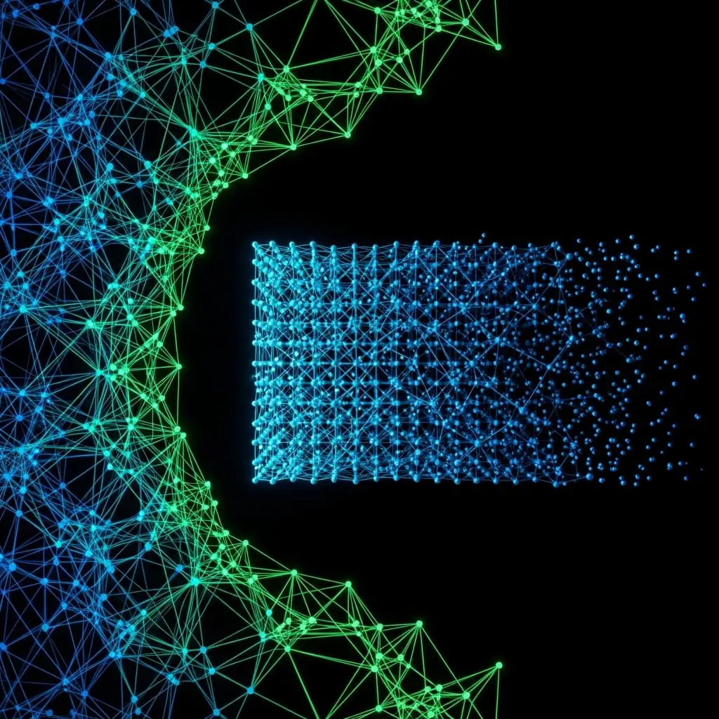 Digital network of interconnected nodes forming a curved structure transforming into a rectangular lattice, symbolizing data processing and quantum information transfer.