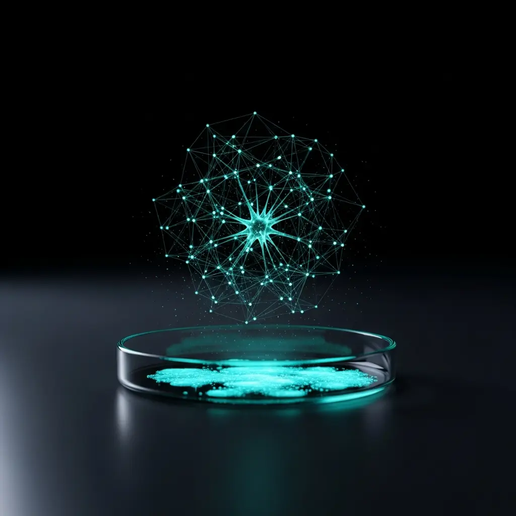 Glowing holographic network of interconnected nodes forming a spherical quantum lattice above a petri dish, symbolizing advanced quantum computing and nanotechnology