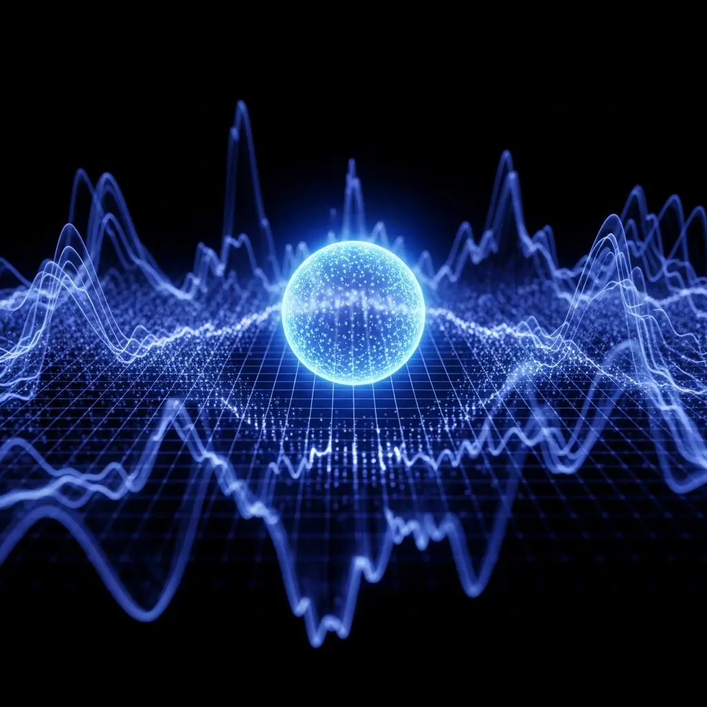 Bright blue audio waveform with a central glowing pulse and fluctuating sound waves extending outward against a dark background.