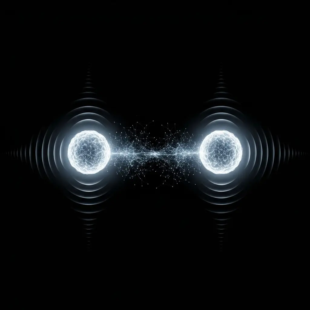 Abstract illustration of two luminous white circular rings or portals positioned symmetrically on either side of a bright central connecting point, with subtle energy waves or ripples radiating outward against a dark background