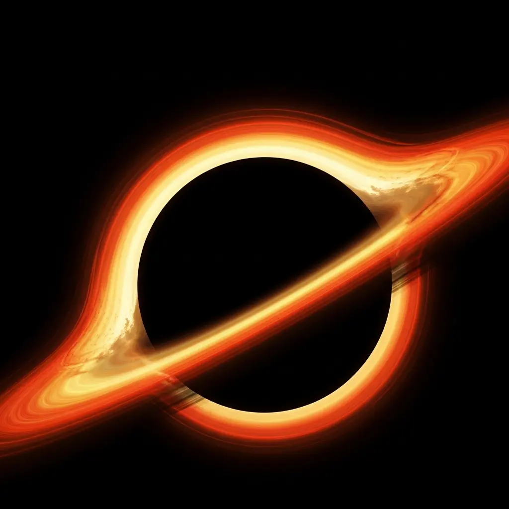 Dramatic astronomical illustration of a black hole with a bright glowing accretion disk of orange and yellow light wrapping around a perfectly dark circular event horizon, set against a black space background