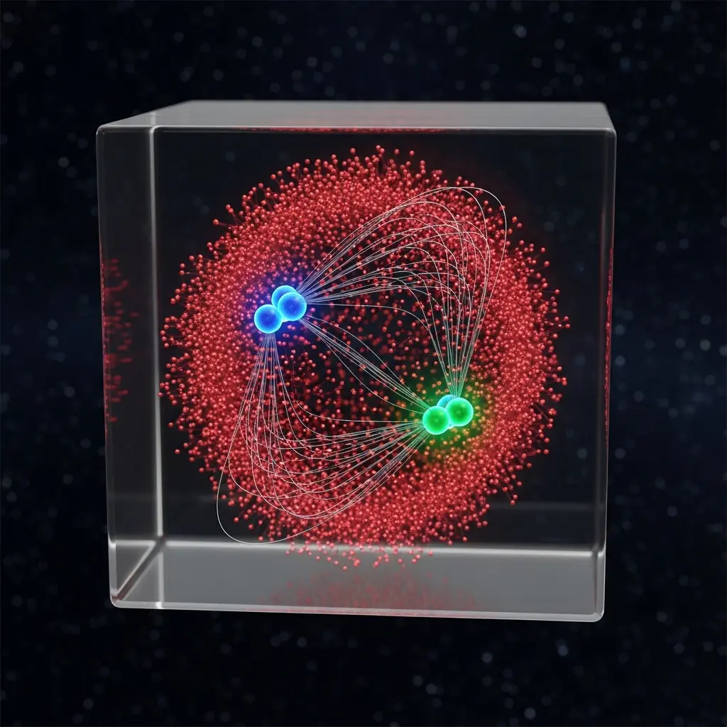 Colorful particle collision or atomic model inside a glowing red energy sphere on a dark background