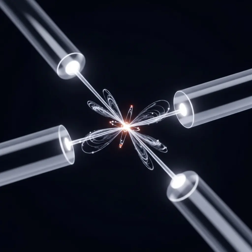 Four fiber optic cables meeting at a glowing central connection point on a dark background