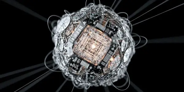 Futuristic microchip core encased in a spherical lattice structure, with thin beams radiating outward into a dark, high-tech environment.