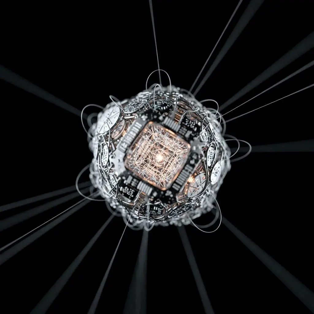 Futuristic microchip core encased in a spherical lattice structure, with thin beams radiating outward into a dark, high-tech environment.