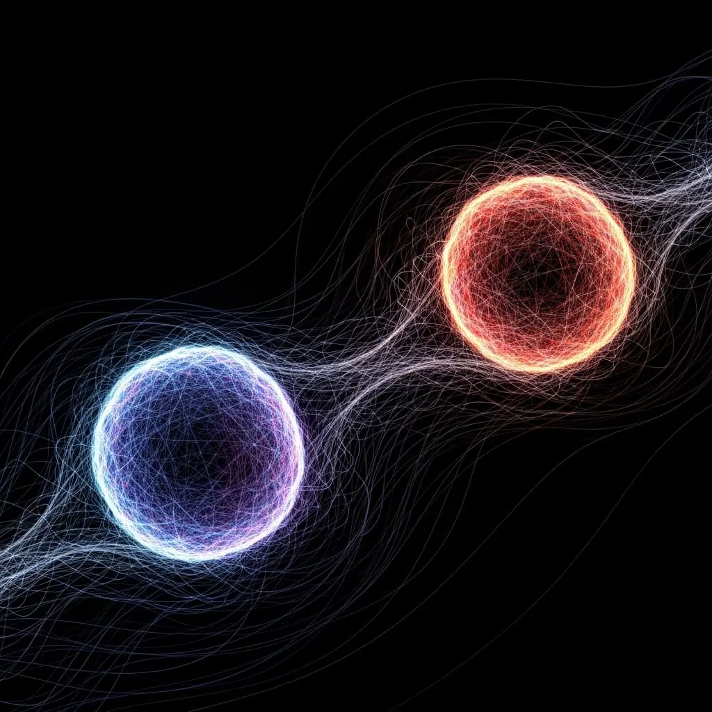 Glowing blue and red spheres suspended in dark space, with faint flowing field lines curving around and between them.