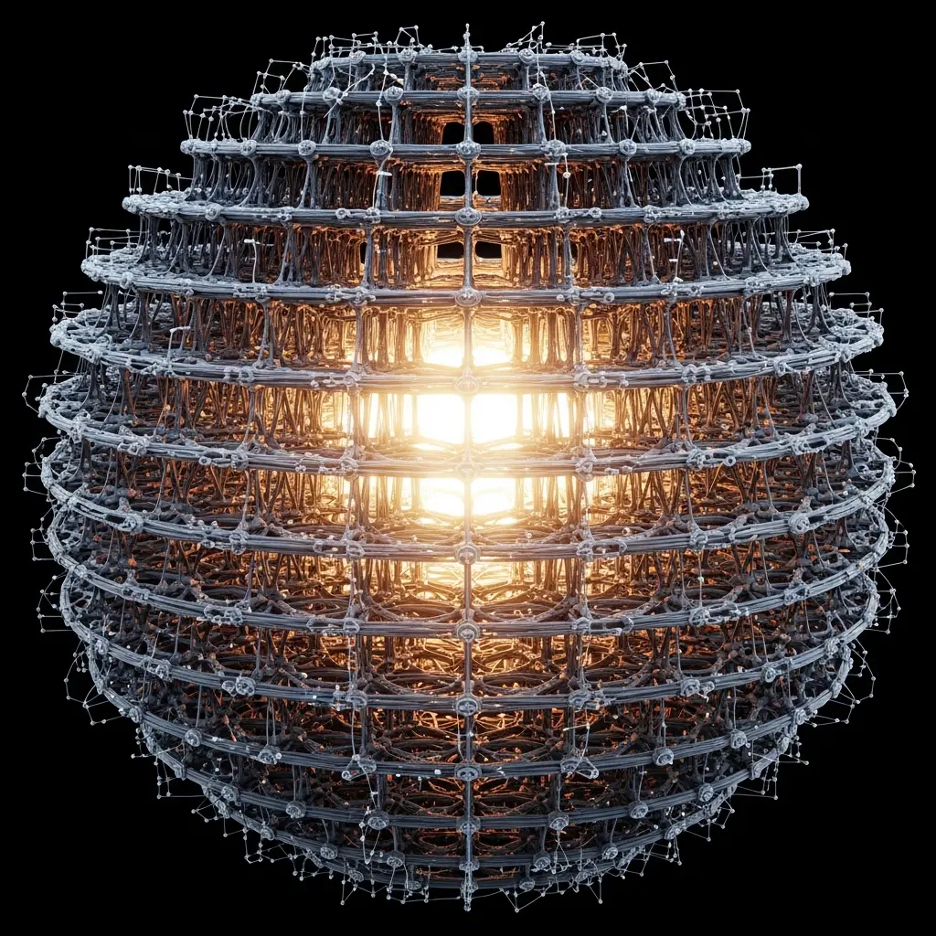 Bright golden light at the center of a spherical grid made of horizontal and vertical glowing lines, floating in dark space.