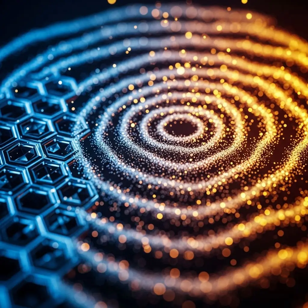 Close-up abstract spiral pattern made of glowing blue and orange dots forming concentric rings, blending cool and warm tones on a dark background.