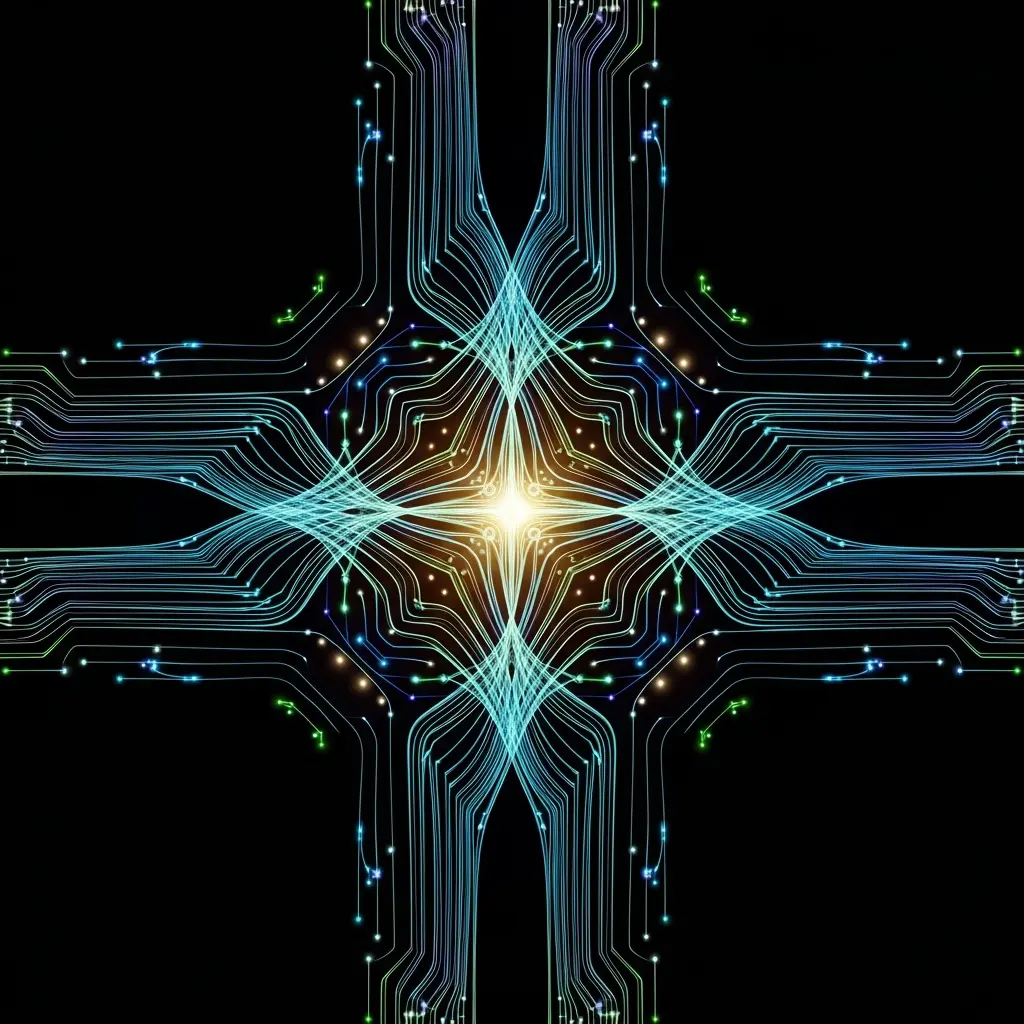 Abstract illustration of a symmetrical cross or plus-shaped energy formation with a bright white central core, radiating teal and blue fractal flame-like tendrils extending in four directions against a dark background