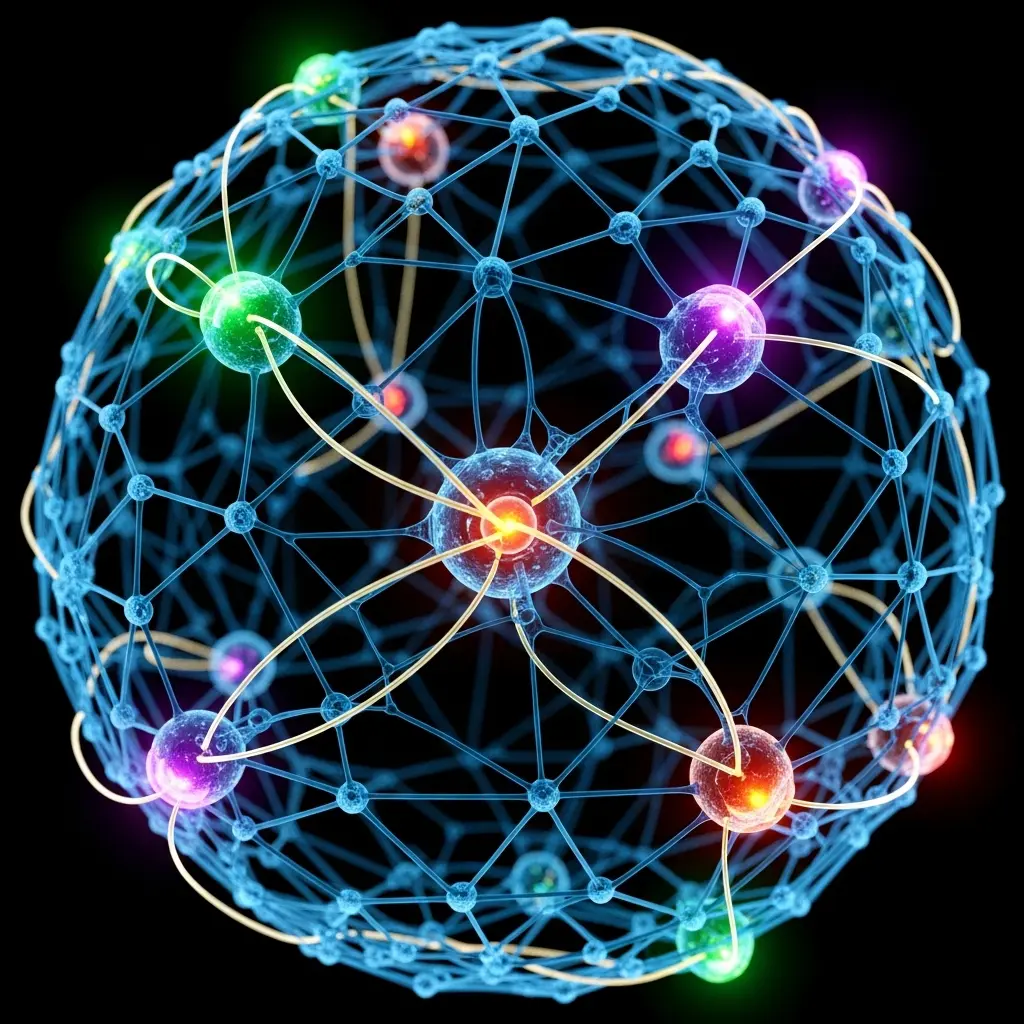 Abstract illustration of a spherical network or web structure featuring multicolored glowing nodes in green, blue, pink, and orange connected by thin lines, forming a globe-like mesh pattern against a dark background