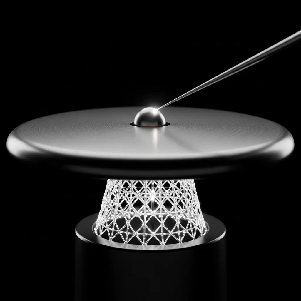 Minimalist black-and-white scene of a thin disk suspended above a lattice-like base, connected by a narrow vertical beam against a dark background.