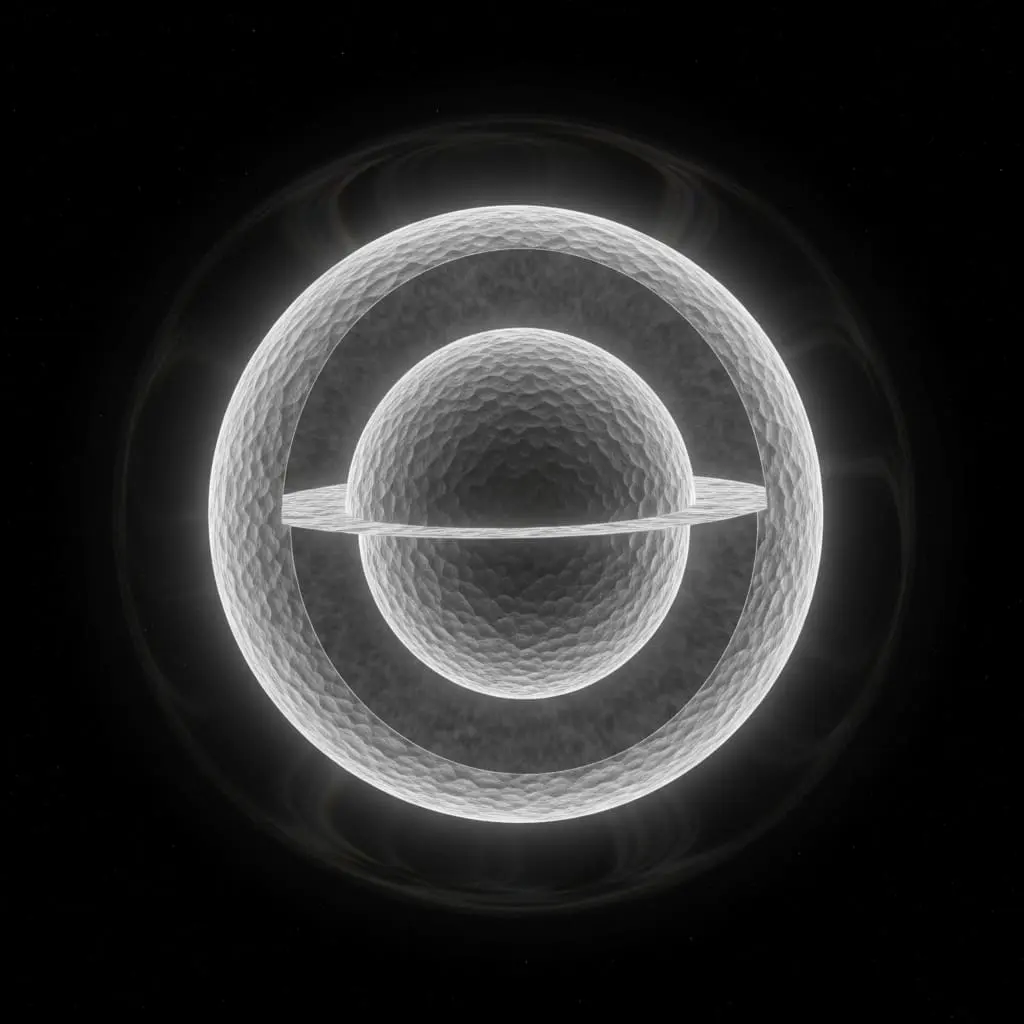 Abstract illustration of a luminous white ringed sphere or planetary symbol — featuring an outer circle, a horizontal equatorial band, and an inner circle — glowing softly against a dark background