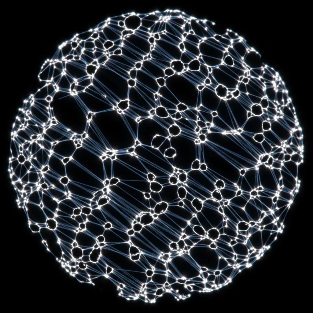 Abstract illustration of a perfect sphere constructed from hundreds of tiny white luminous nodes connected by thin lines, forming a geodesic or mesh network structure against a dark background