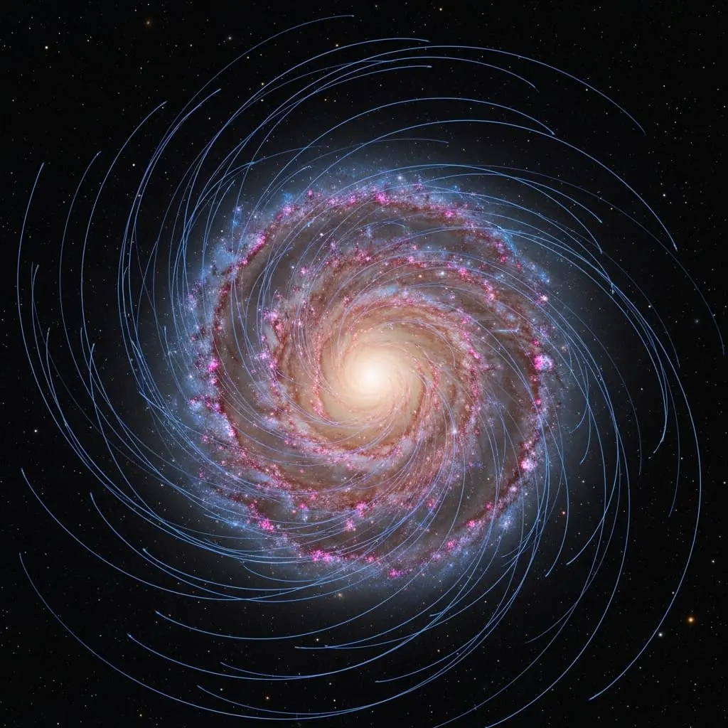 Detailed astronomical illustration of a spiral galaxy with a bright golden center and blue-white spiral arms extending outward into deep black space
