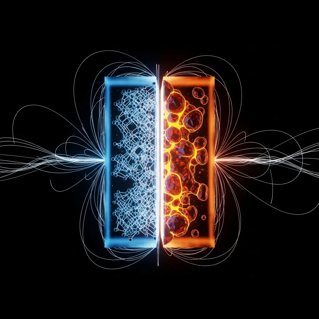 Abstract glowing blue and orange panels facing each other with flowing energy lines, contrasting network structures and fluid bubbles on a dark background.